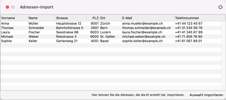 Das Adressen-Import Fenster mit den eben erstellten Adressen